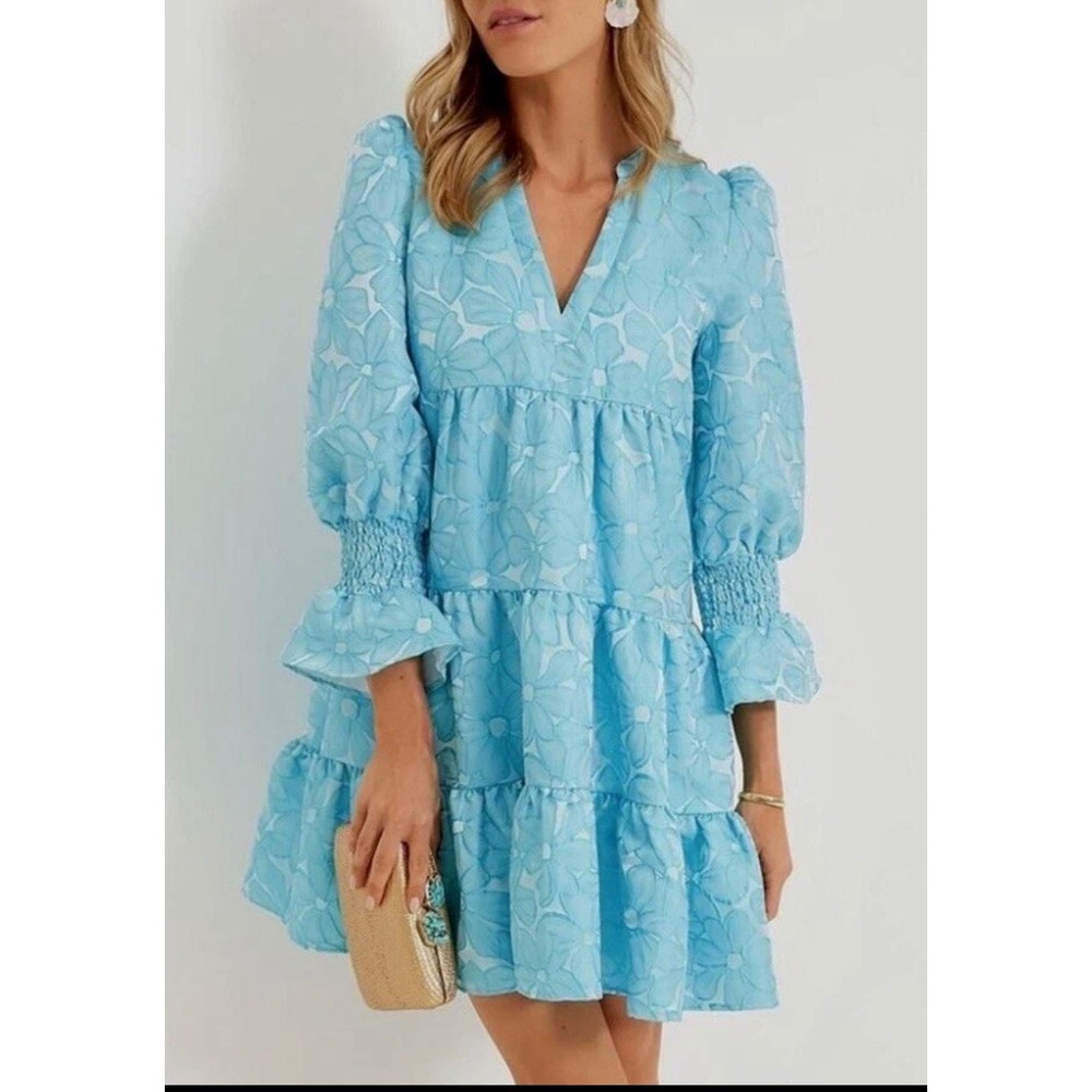 Pomander Place Tuckernuck Kenzo Blue Floral Jacquard Tier Dress Smock Large NEW